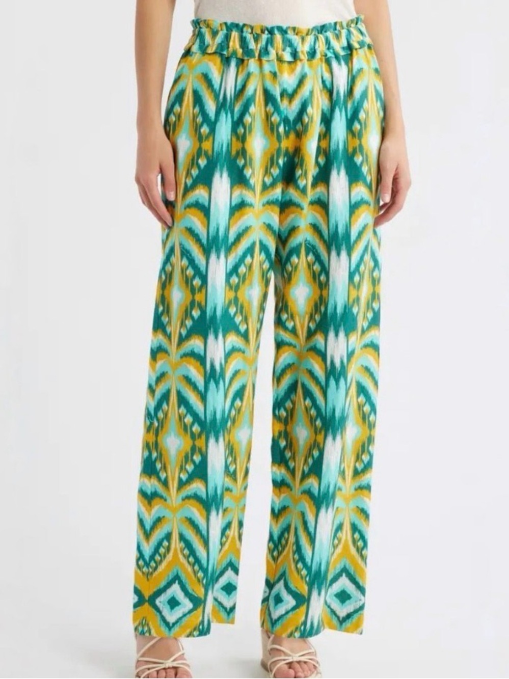 NWT Farm Rio Tropical Tapestry Wide Leg Linen Blend Pants Size XL